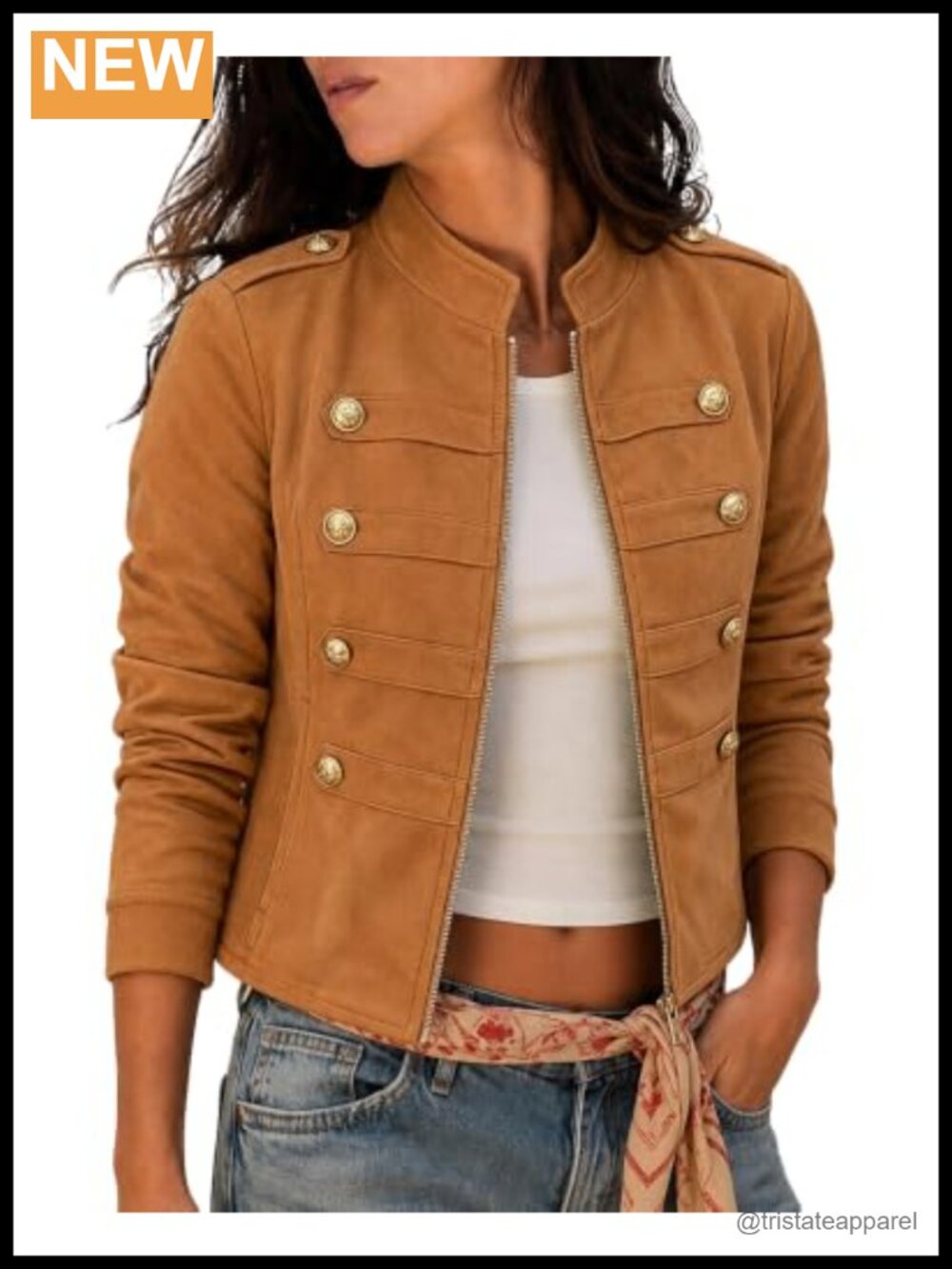 Faux Suede Cropped Jacket Lightweight Stand Collar Fall Coat with Metal Buttons